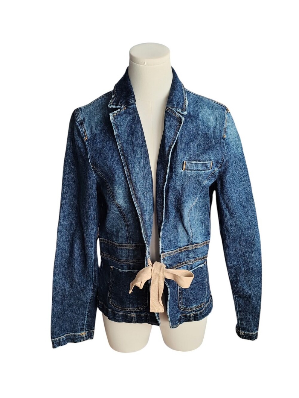 Vintage Old Navy V-neck Collared Ribbon Tie Front Denim Jean Jacket Size Large